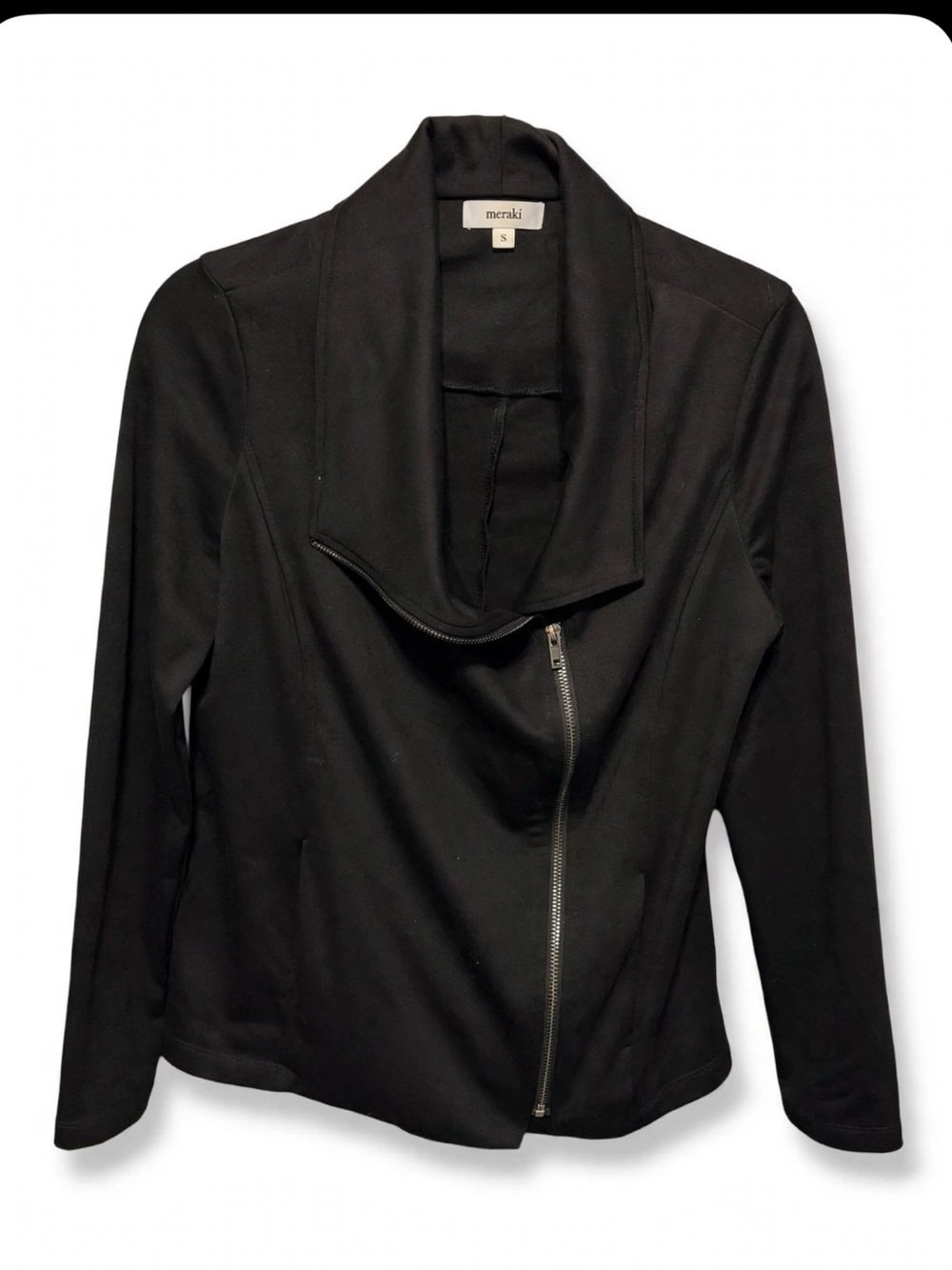Meraki Black Drape Cowl Neck Zip Jacket M Moto-Tag Cut